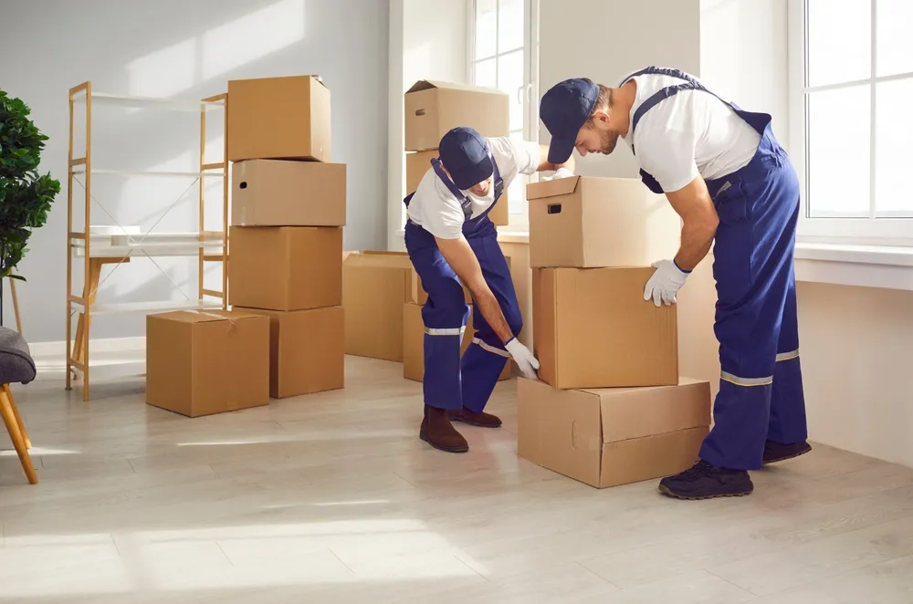 Deux techniciens en tenue de travail bleue qui déplacent des cartons lors d'un débarras
